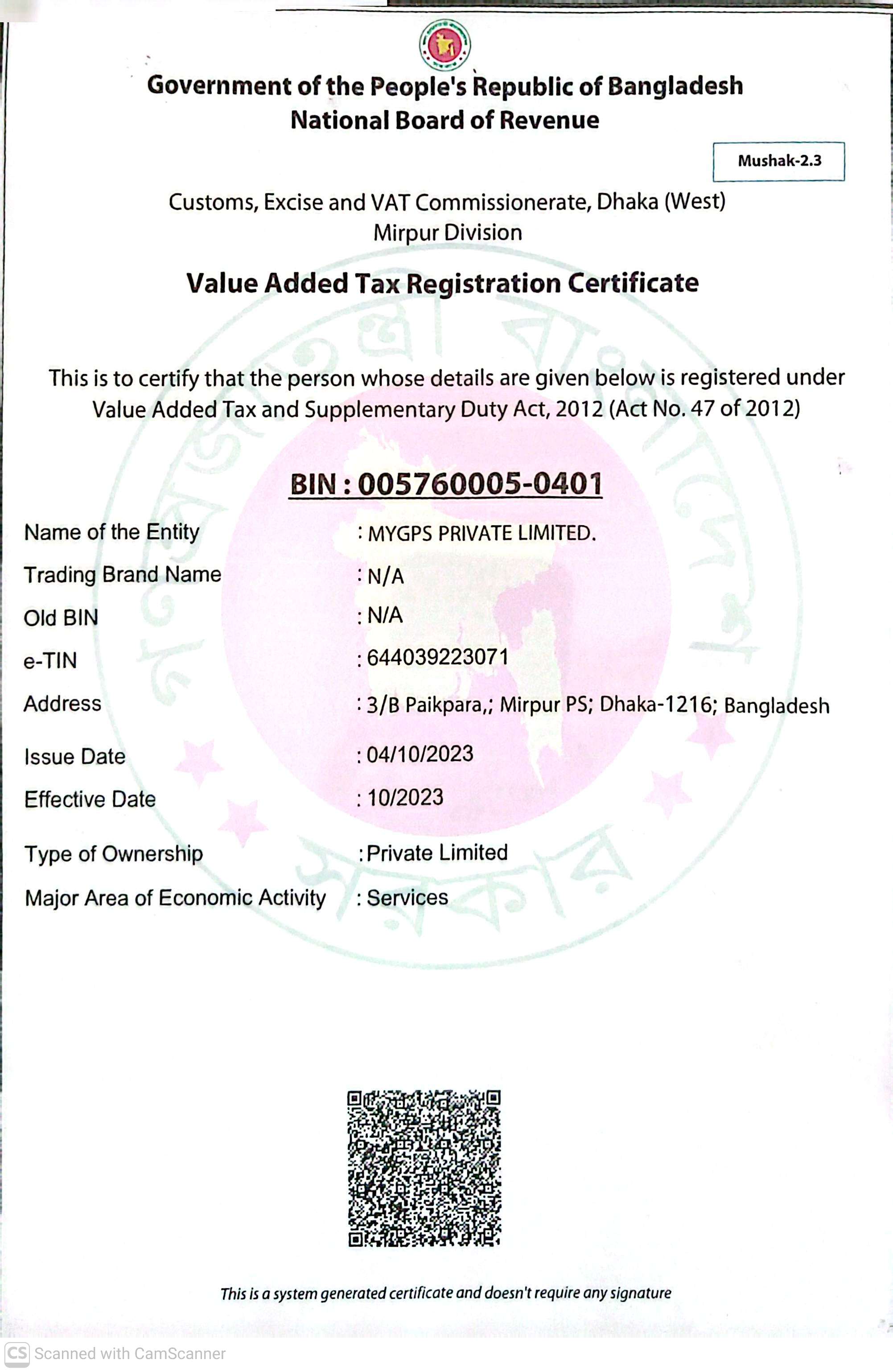MYGPS BIN Certificate