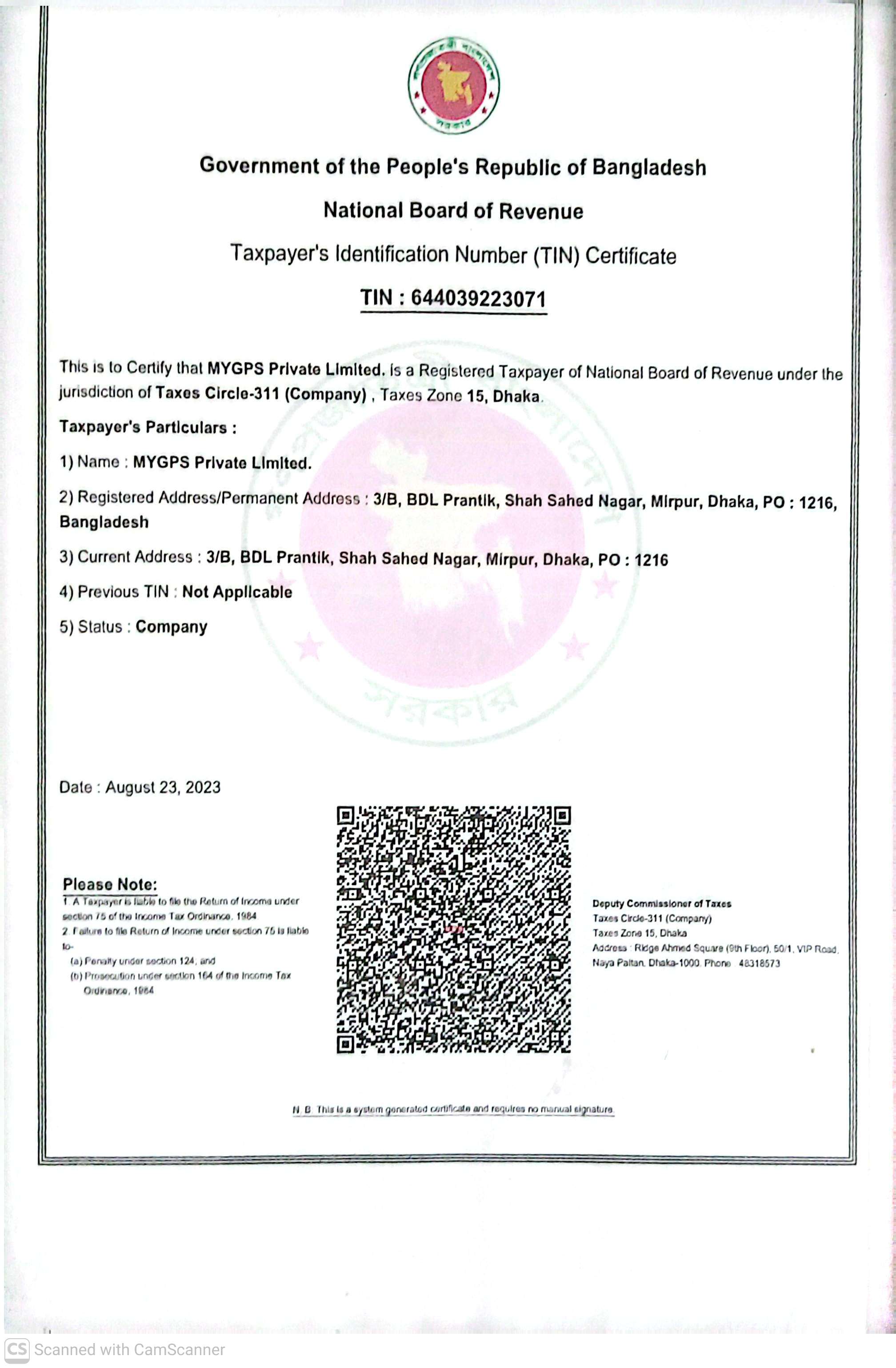 MYGPS TIN Certificate